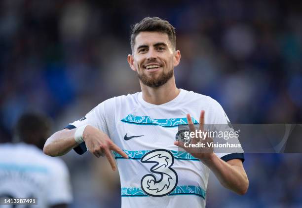 Jorginho of Chelsea celebrates scoring his team's first goal during the Premier League match between Everton FC and Chelsea FC at Goodison Park on...