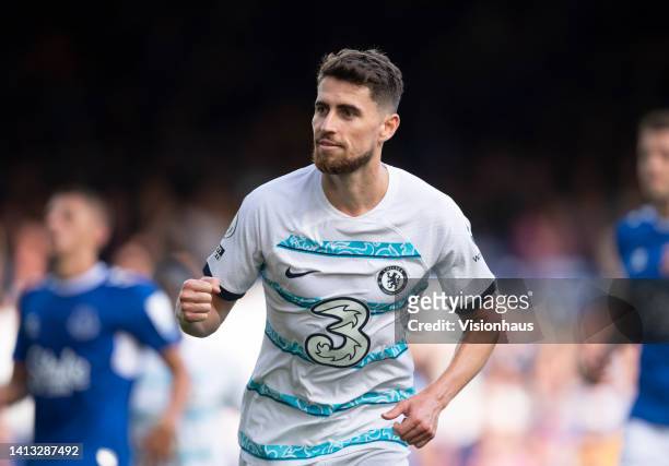 Jorginho of Chelsea celebrates scoring his team's first goal during the Premier League match between Everton FC and Chelsea FC at Goodison Park on...