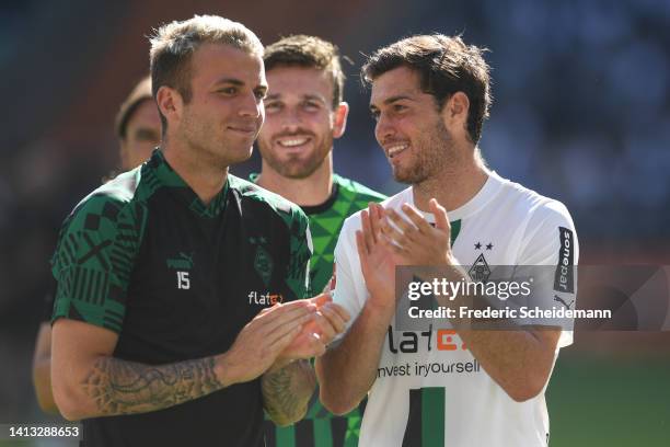 Jordan Beyer of Moenchengladbach and Joe Scally of Moenchengladbach after the Bundesliga match between Borussia Mönchengladbach and TSG Hoffenheim at...