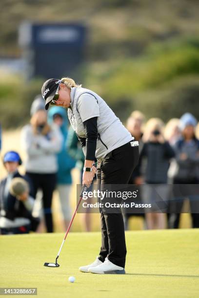 Ashleigh Buhai of South Africa plays her putt shot from the 14th hole during Day Three of the AIG Women's Open at Muirfield on August 06, 2022 in...