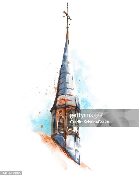 urban sketching watercolor medieval roof top - church stock illustrations
