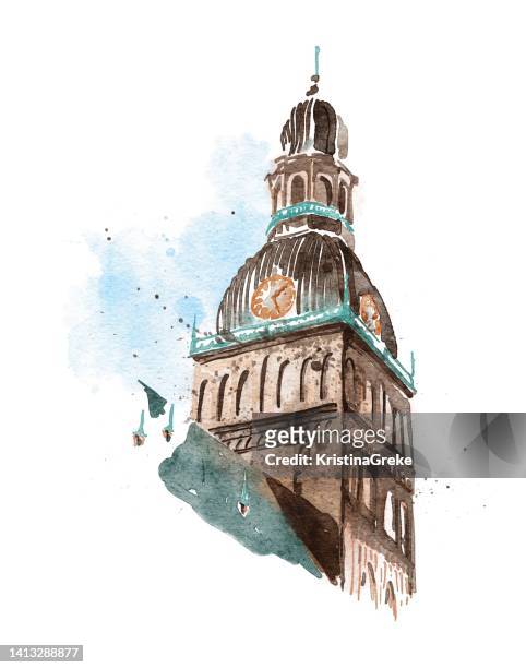 urban sketching watercolor medieval roof tower - church building stock illustrations