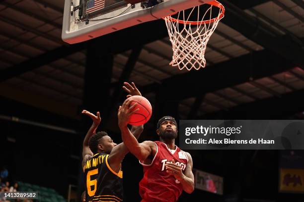 Earl Clark of the Trilogy shoots against Franklin Session of the Killer 3's during BIG3 Week Eight at Comerica Center on August 06, 2022 in Frisco,...