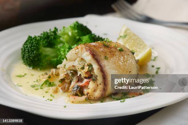 creamy crab stuffed tilapia - halibut stock pictures, royalty-free photos & images