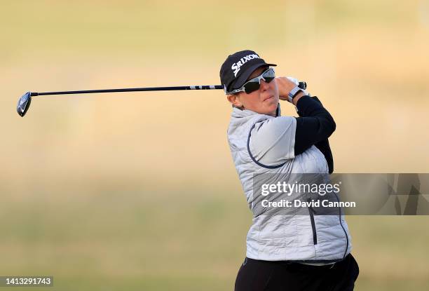 Ashleigh Buhai of South Africa plays her second shot on the 14th hole during the third round of the AIG Women's Open at Muirfield on August 06, 2022...