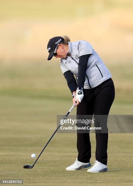 Ashleigh Buhai of South Africa plays her second shot on the 14th hole during the third round of the AIG Women's Open at Muirfield on August 06, 2022...