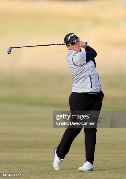 Ashleigh Buhai of South Africa plays her second shot on the 14th hole during the third round of the AIG Women's Open at Muirfield on August 06, 2022...