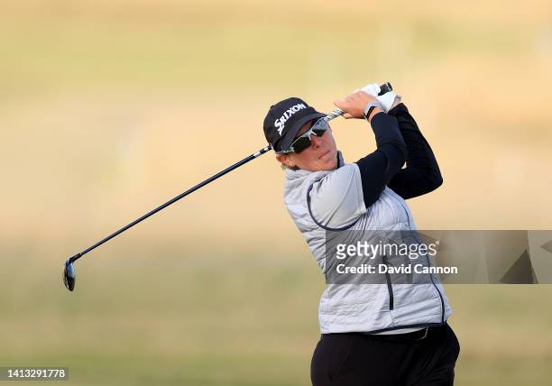 Ashleigh Buhai of South Africa plays her second shot on the 14th hole during the third round of the AIG Women's Open at Muirfield on August 06, 2022...