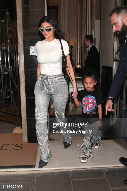 Kylie Jenner and Stormi seen leaving their hotel in London, on their way to the O2 to see Travis Scott's gig on August 06, 2022 in London, England.