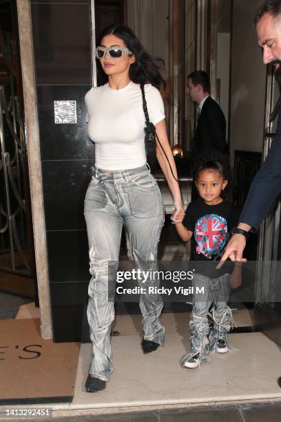 Kylie Jenner and Stormi seen leaving their hotel in London, on their way to the O2 to see Travis Scott's gig on August 06, 2022 in London, England.
