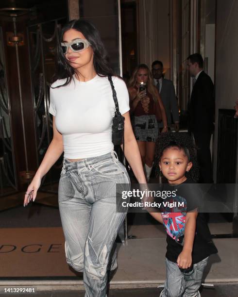 Kylie Jenner and Stormi seen leaving their hotel in London, on their way to the O2 to see Travis Scott's gig on August 06, 2022 in London, England.