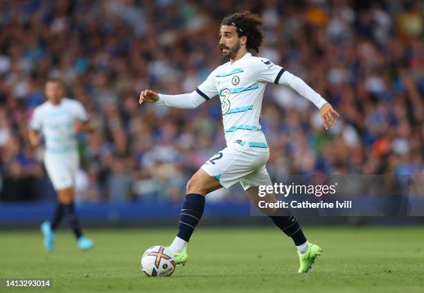 Marc Cucurella of Chelsea runs with the ball during the Premier League match between Everton FC and Chelsea FC at Goodison Park on August 06, 2022 in...