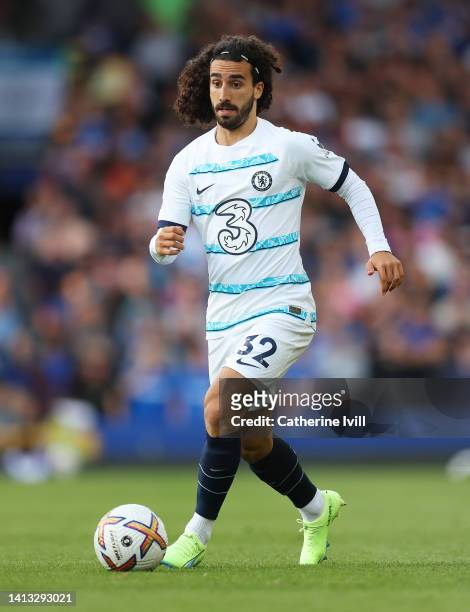 Marc Cucurella of Chelsea runs with the ball during the Premier League match between Everton FC and Chelsea FC at Goodison Park on August 06, 2022 in...