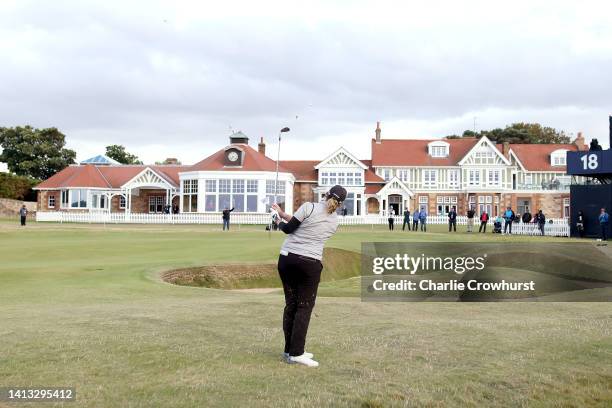 Ashleigh Buhai of South Africa plays her third shot from the 18th hole during Day Three of the AIG Women's Open at Muirfield on August 06, 2022 in...