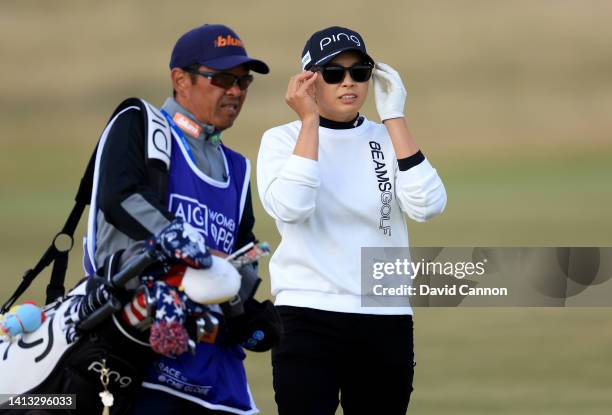 Hinako Shibuno of Japan follows her second shot on the 14th hole during the third round of the AIG Women's Open at Muirfield on August 06, 2022 in...