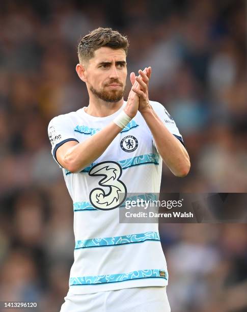 Jorginho of Chelsea applauds their fans during the Premier League match between Everton FC and Chelsea FC at Goodison Park on August 06, 2022 in...