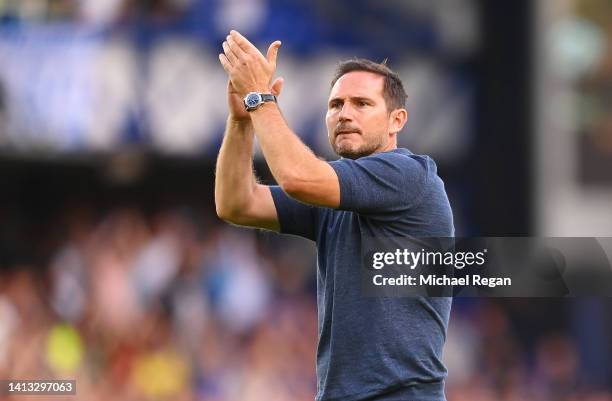 Frank Lampard, Manager of Everton applauds their fans after the final whistle of the Premier League match between Everton FC and Chelsea FC at...