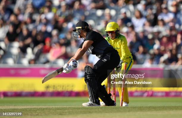 Suzie Bates of Team New Zealand is bowled by Megan Schutt of Team Australia during the Cricket T20 - Semi-Final match between Team Australia and Team...