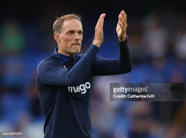 Thomas Tuchel, Manager of Chelsea, applauds their fans after the final whistle of the Premier League match between Everton FC and Chelsea FC at...