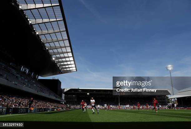 General view of Aleksandar Mitrovic of Fulham running during the Premier League match between Fulham FC and Liverpool FC at Craven Cottage on August...