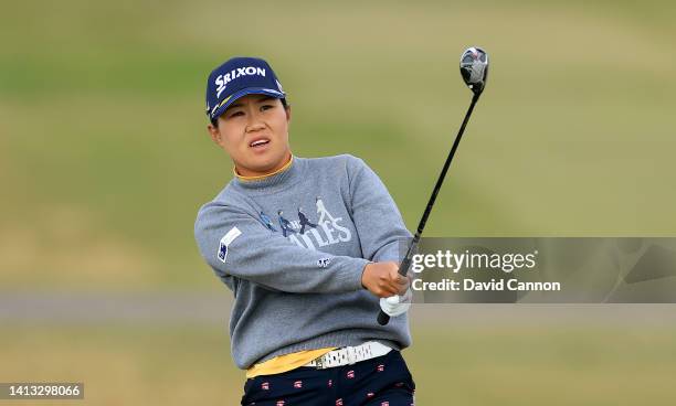 Nasa Hataoka of Japan plays her second shot on the 14th hole during the third round of the AIG Women's Open at Muirfield on August 06, 2022 in...