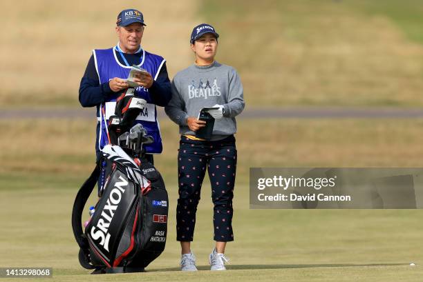 Nasa Hataoka of Japan plays her second shot on the 14th hole during the third round of the AIG Women's Open at Muirfield on August 06, 2022 in...