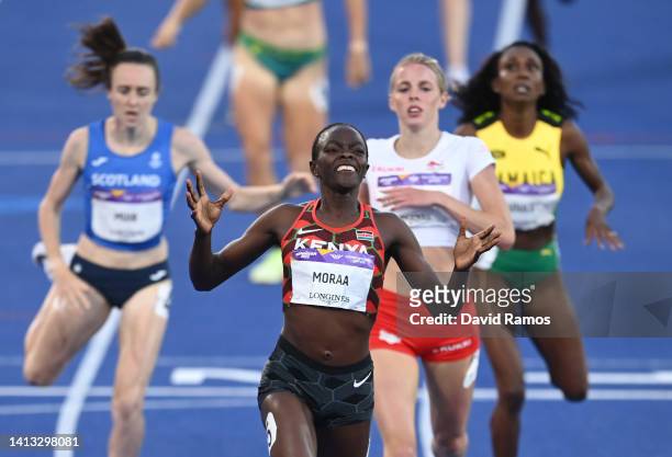 Mary Moraa of Team Kenya celebrates after winning the gold medal in the Women's 800m Final on day nine of the Birmingham 2022 Commonwealth Games at...