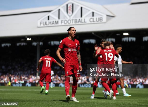 Darwin Nunez of Liverpool celebrates scoring their teams first goal during the Premier League match between Fulham FC and Liverpool FC at Craven...