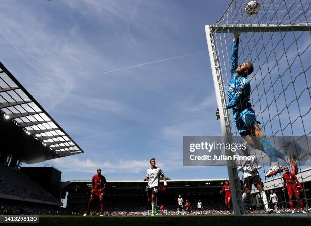 General view as Marek Rodak of Fulham makes a save during the Premier League match between Fulham FC and Liverpool FC at Craven Cottage on August 06,...