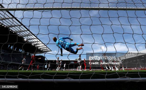 General view as Marek Rodak of Fulham makes a save during the Premier League match between Fulham FC and Liverpool FC at Craven Cottage on August 06,...