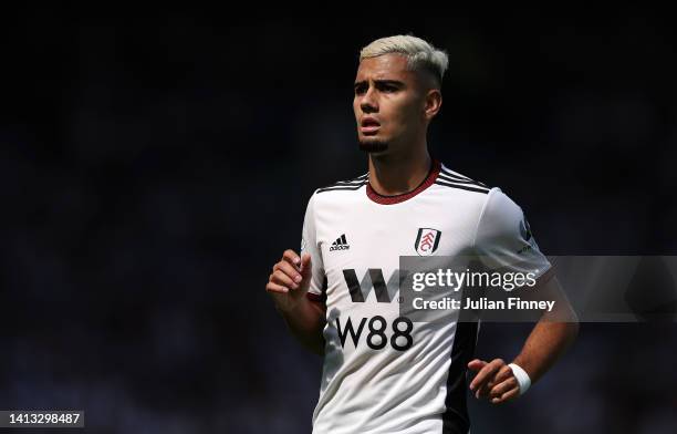 Andreas Pereira of Fulham looks on during the Premier League match between Fulham FC and Liverpool FC at Craven Cottage on August 06, 2022 in London,...