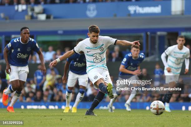 Jorginho of Chelsea scores the opening goal from the penalty spot during the Premier League match between Everton FC and Chelsea FC at Goodison Park...