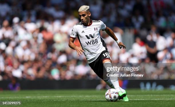 Andreas Pereira of Fulham in action during the Premier League match between Fulham FC and Liverpool FC at Craven Cottage on August 06, 2022 in...