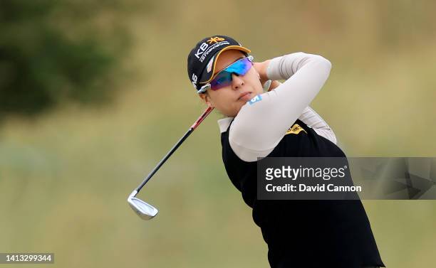 In Gee Chun of South Korea plays her second shot on the fifth hole during the third round of the AIG Women's Open at Muirfield on August 06, 2022 in...
