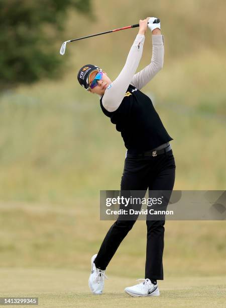 In Gee Chun of South Korea plays her second shot on the fifth hole during the third round of the AIG Women's Open at Muirfield on August 06, 2022 in...