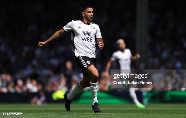 Aleksandar Mitrovic of Fulham looks on during the Premier League match between Fulham FC and Liverpool FC at Craven Cottage on August 06, 2022 in...