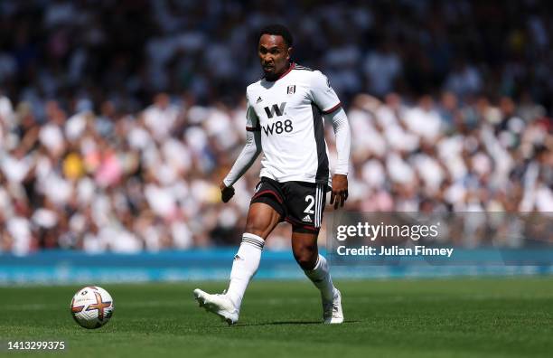 Kenny Tete of Fulham in action during the Premier League match between Fulham FC and Liverpool FC at Craven Cottage on August 06, 2022 in London,...