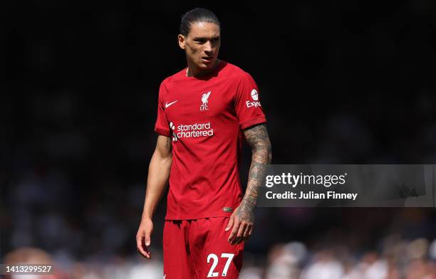 Darwin Nunez of Liverpool during the Premier League match between Fulham FC and Liverpool FC at Craven Cottage on August 06, 2022 in London, England.