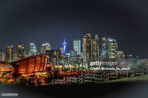 night view on downtown calgary - calgary bridge stock pictures, royalty-free photos & images