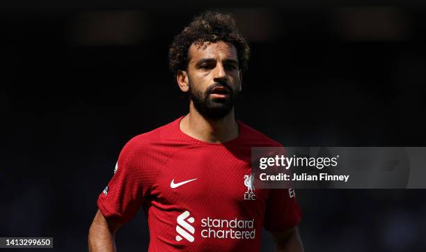 Mohamed Salah of Liverpool looks on during the Premier League match between Fulham FC and Liverpool FC at Craven Cottage on August 06, 2022 in...