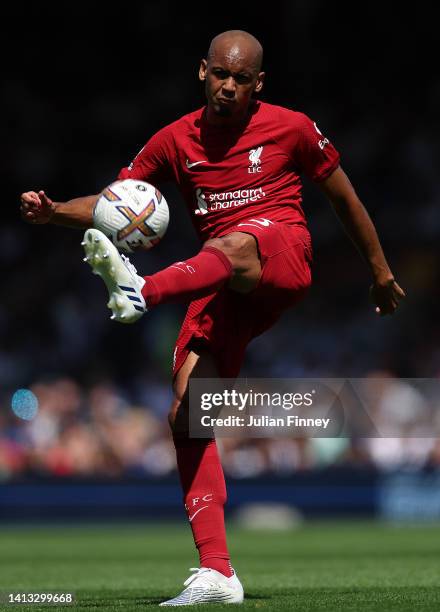 Fabinho of Liverpool in action during the Premier League match between Fulham FC and Liverpool FC at Craven Cottage on August 06, 2022 in London,...