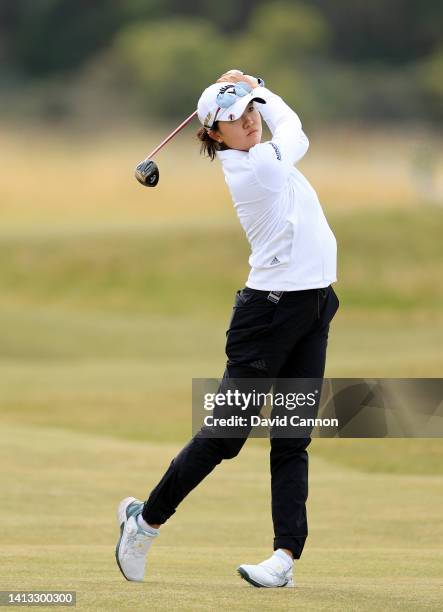 Rose Zhang of The United States plays her second shot on the 17th hole during the third round of the AIG Women's Open at Muirfield on August 06, 2022...