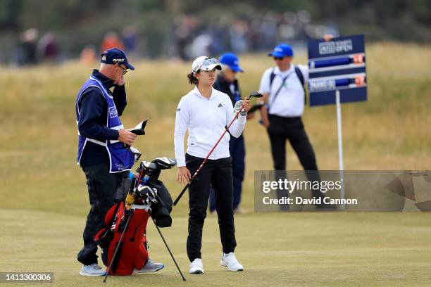 Rose Zhang of The United States plays her second shot on the 17th hole during the third round of the AIG Women's Open at Muirfield on August 06, 2022...