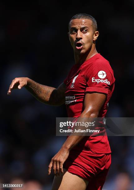 Thiago Alcantara of Liverpool during the Premier League match between Fulham FC and Liverpool FC at Craven Cottage on August 06, 2022 in London,...