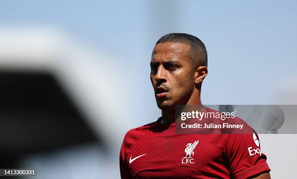 Thiago Alcantara of Liverpool during the Premier League match between Fulham FC and Liverpool FC at Craven Cottage on August 06, 2022 in London,...