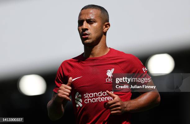 Thiago Alcantara of Liverpool during the Premier League match between Fulham FC and Liverpool FC at Craven Cottage on August 06, 2022 in London,...