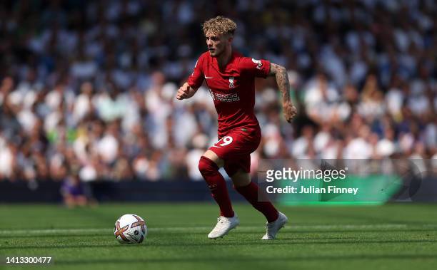 Harvey Elliott of Liverpool in action during the Premier League match between Fulham FC and Liverpool FC at Craven Cottage on August 06, 2022 in...
