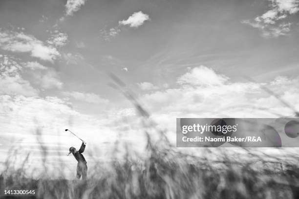 Madelene Sagstrom of Sweden plays a shot on the twelfth hole during Day Three of the AIG Women's Open at Muirfield on August 06, 2022 in Gullane,...