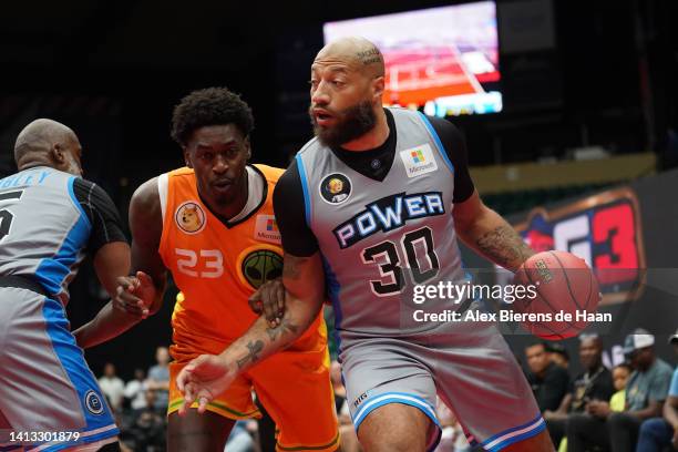Royce White of the Power drives against Deshawn Stephens of the Aliens during BIG3 Week Eight at Comerica Center on August 06, 2022 in Frisco, Texas.