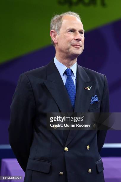 Prince Edward, Earl of Wessex looks on during the medal ceremony for the Men's 3m Springboard Final on day nine of the Birmingham 2022 Commonwealth...